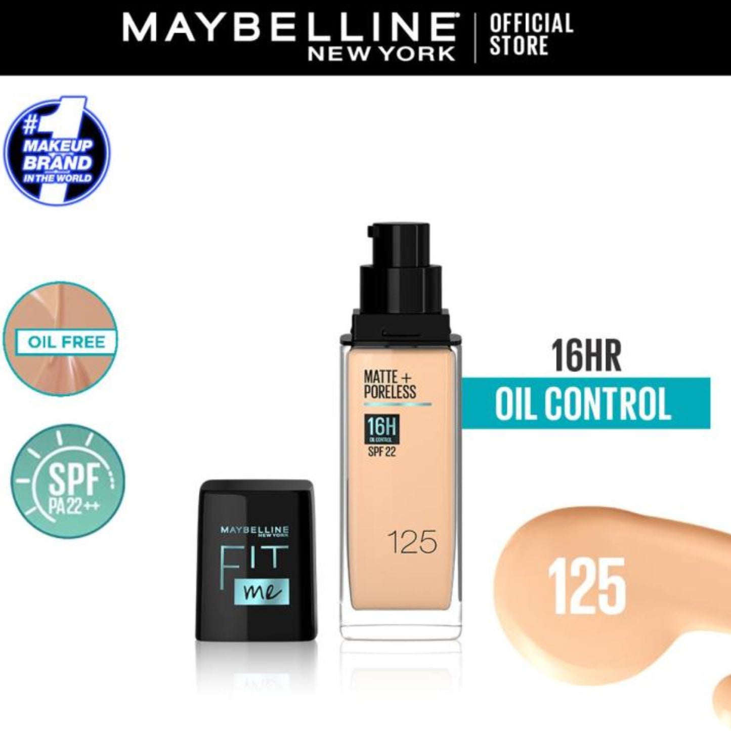 Maybelline Fit Me Matte+Poreless 16H Oil Control Liquid Foundation Normal to Oily SPF 22 PA++ 125 30ml
