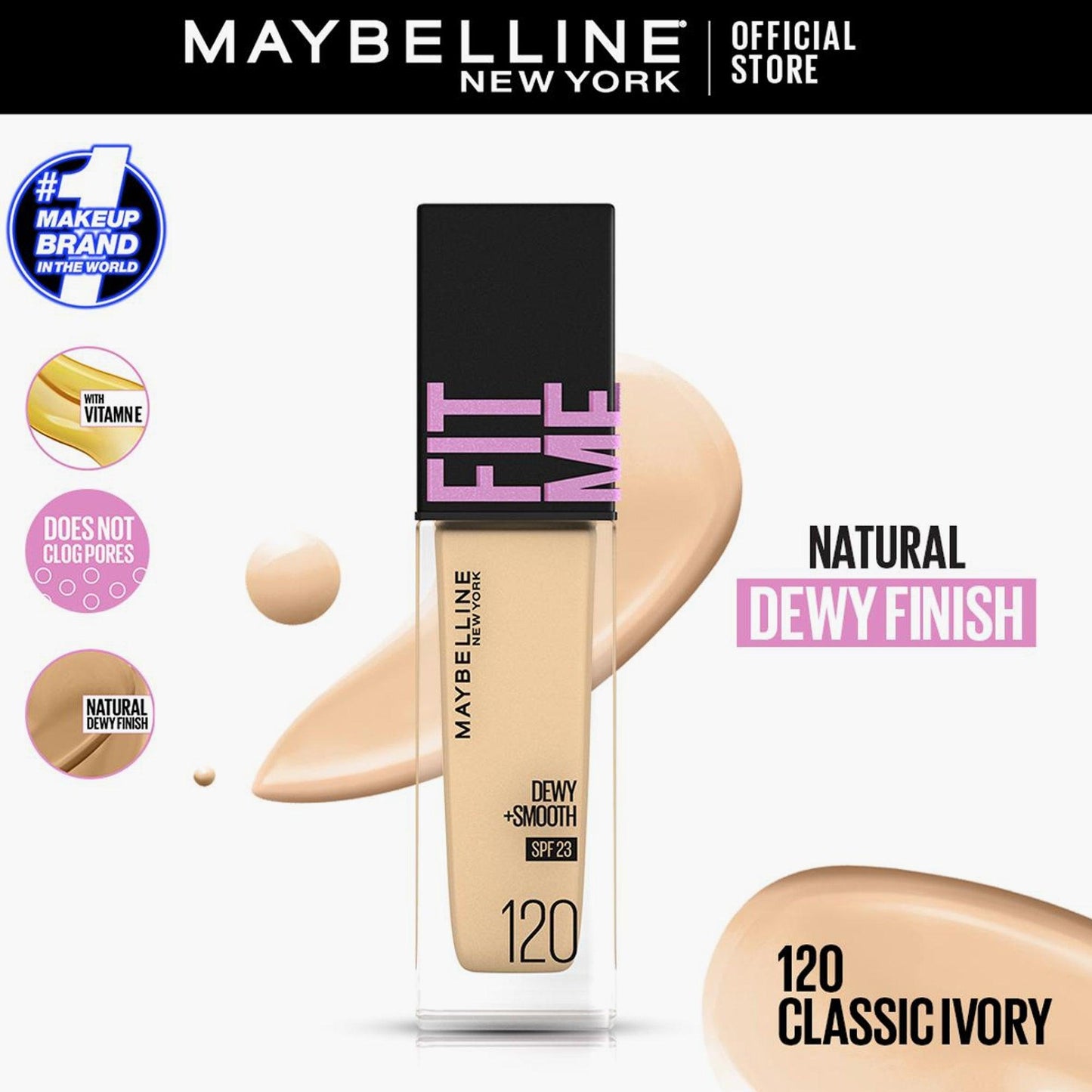 Maybelline New York Fit Me Dewy+Smooth Liquid Foundation SPF 23 120 Classic Ivory 30ml - TheSkinFit