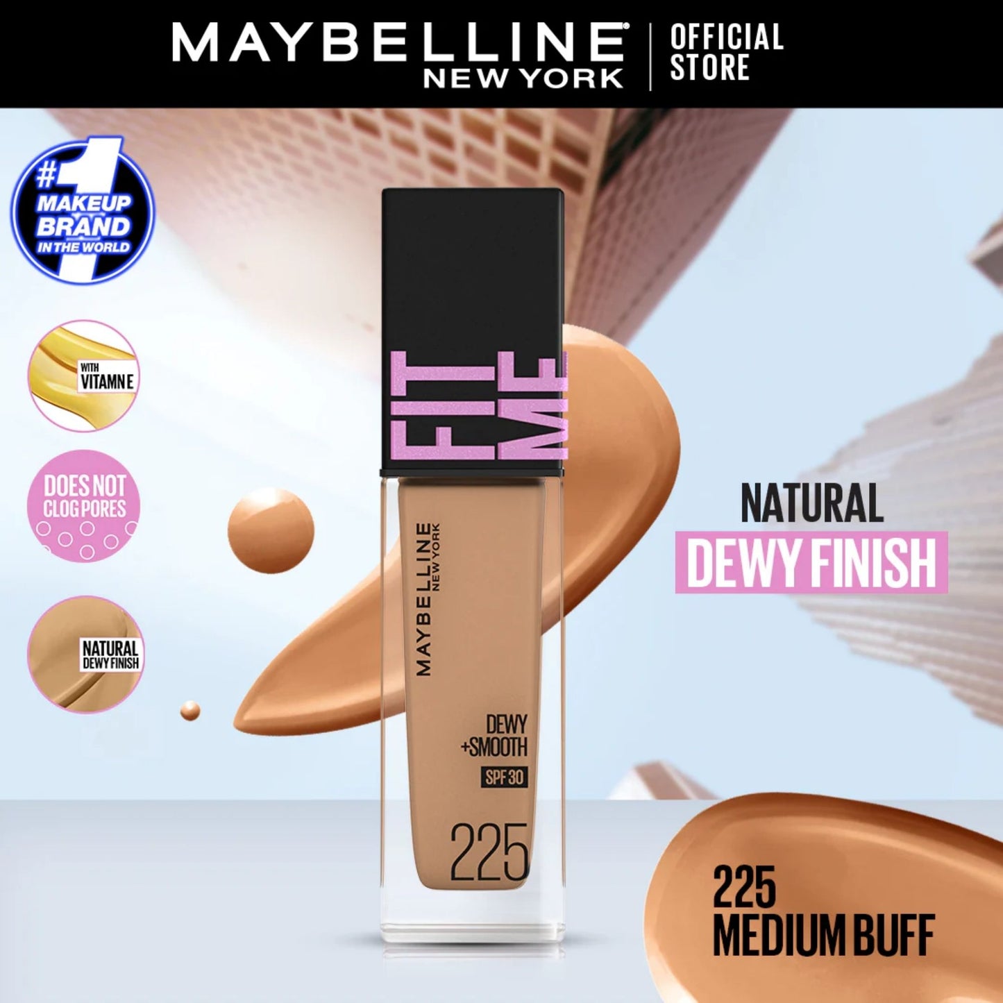 Maybelline Fit Me Dewy+Smooth SPF 30 Foundation 225 Medium Buff 30ml