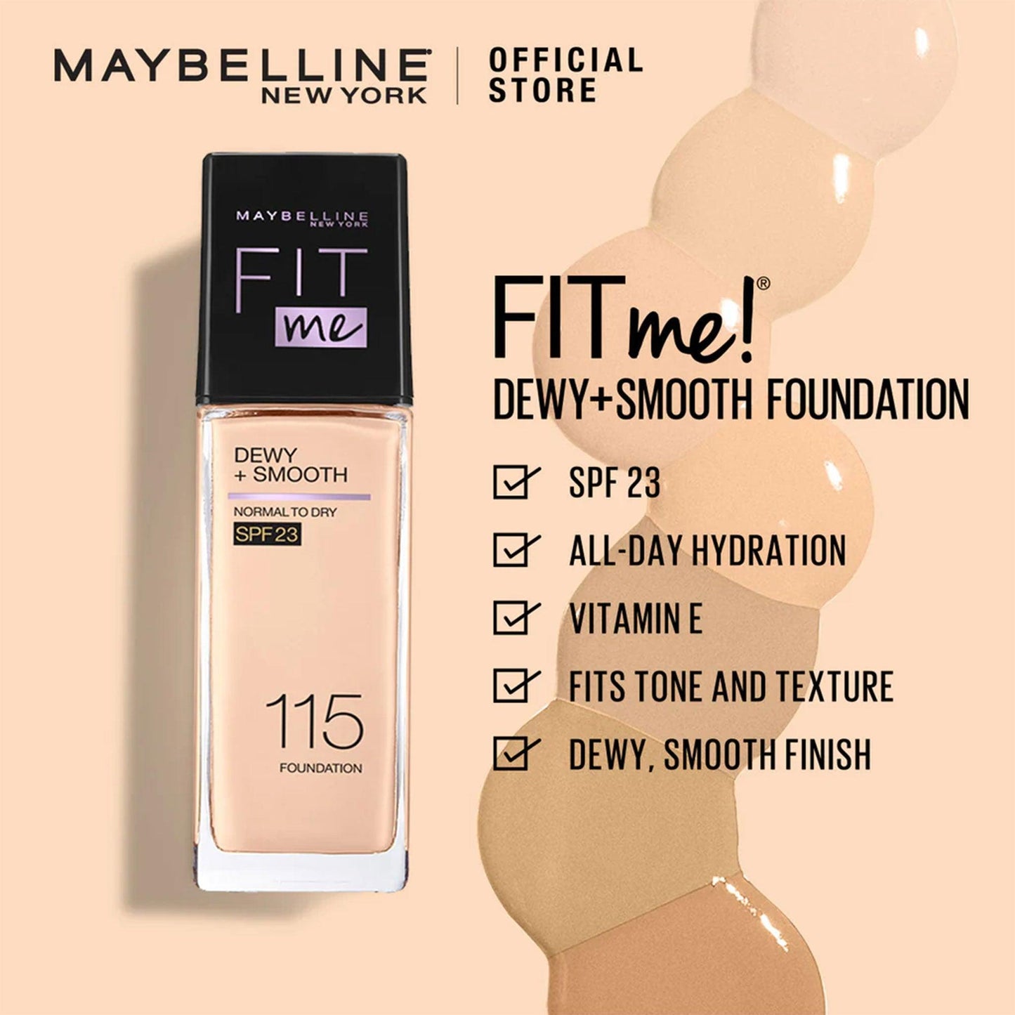 Maybelline New York Fit Me Dewy+Smooth Liquid Foundation Normal to Dry SPF 23 125 Nude Beige 30ml - TheSkinFit
