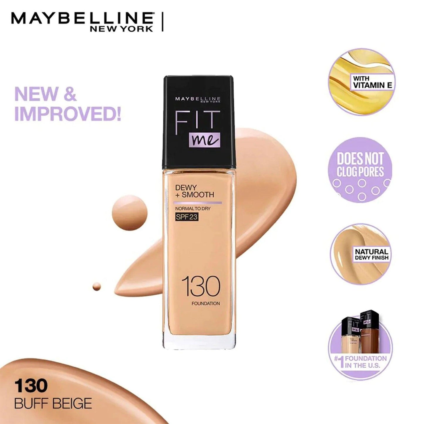 Maybelline New York Fit Me Dewy+Smooth Liquid Foundation Normal To Dry SPF 23 130 Buff Beige 30ml - TheSkinFit