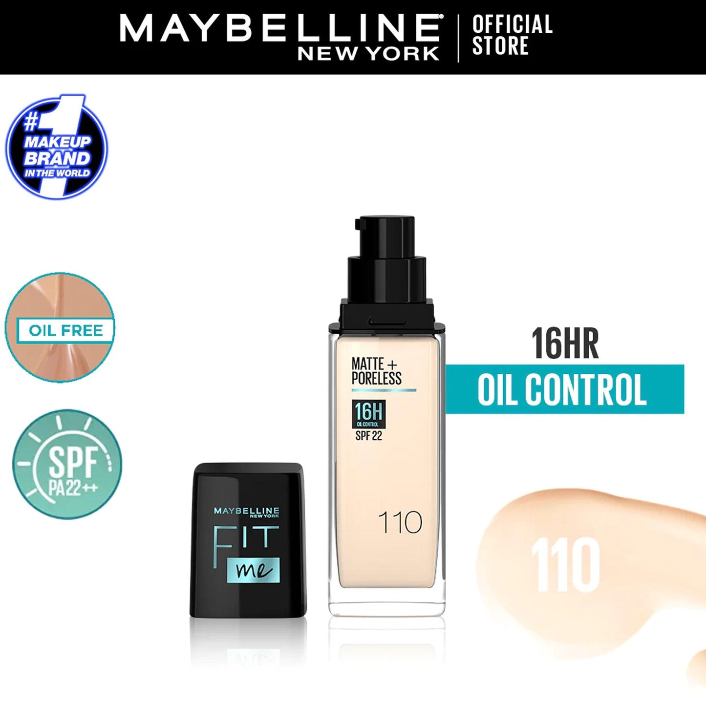 Maybelline New York Fit Me Matte+Poreless 16H Oil Control Liquid Foundation SPF 22 110 Porcelain 30ml - TheSkinFit