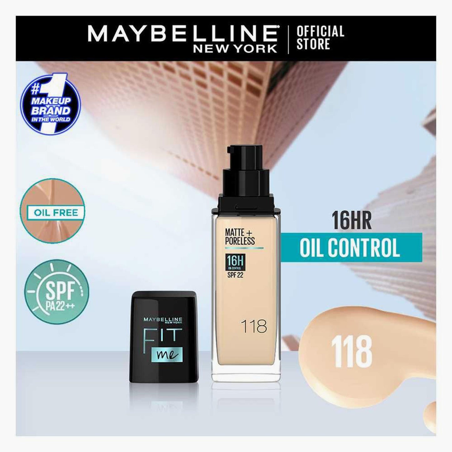 Maybelline New York Fit Me Matte+Poreless 16H Oil Control Liquid Foundation SPF 22 118 Light Beige 30ml - TheSkinFit