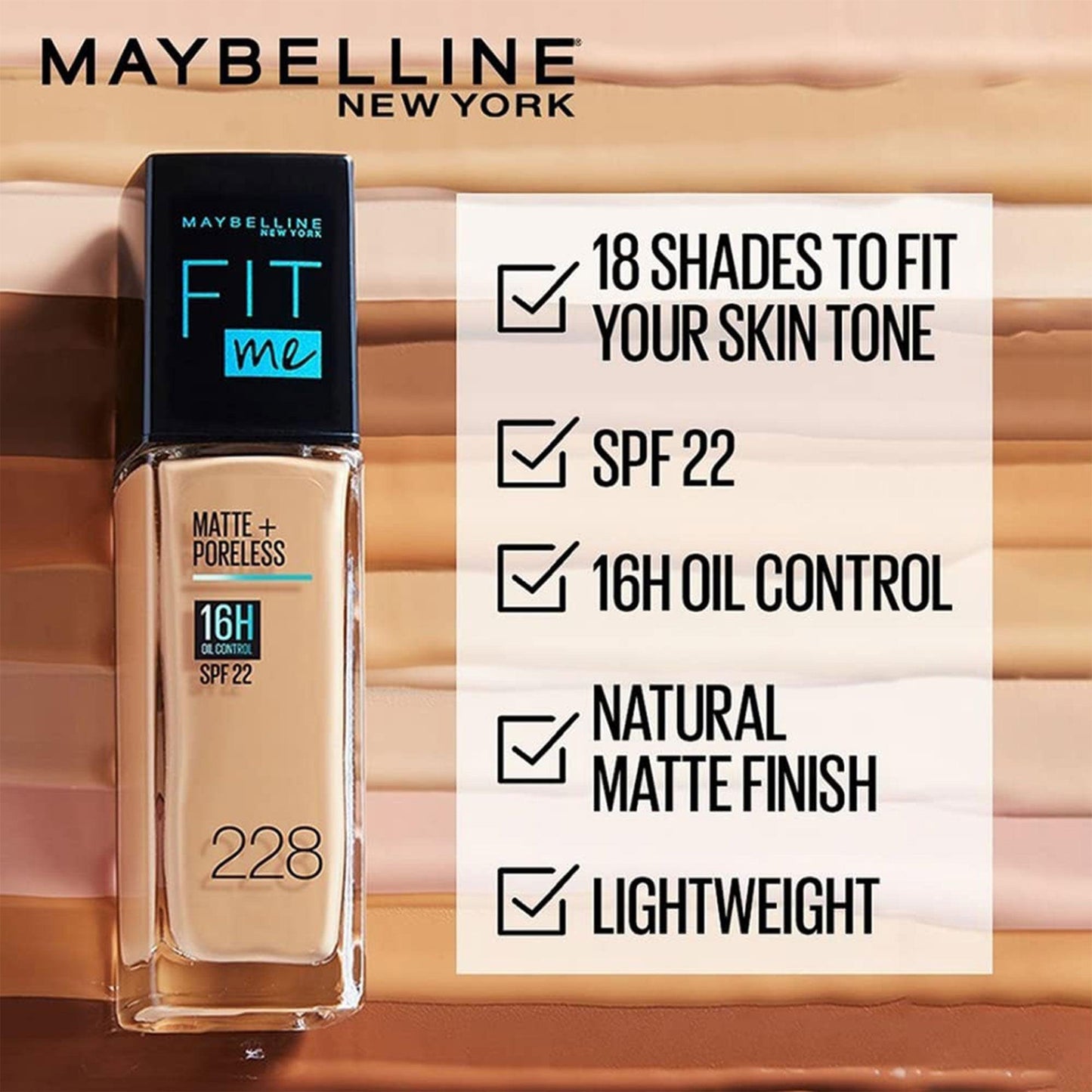 Maybelline New York Fit Me Matte+Poreless 16H Oil Control Liquid Foundation SPF 22 125 Nude Beige 30ml - TheSkinFit