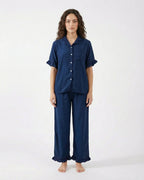 Sajiero Half Sleeves PJ Set Linen Comfort Dark Blue