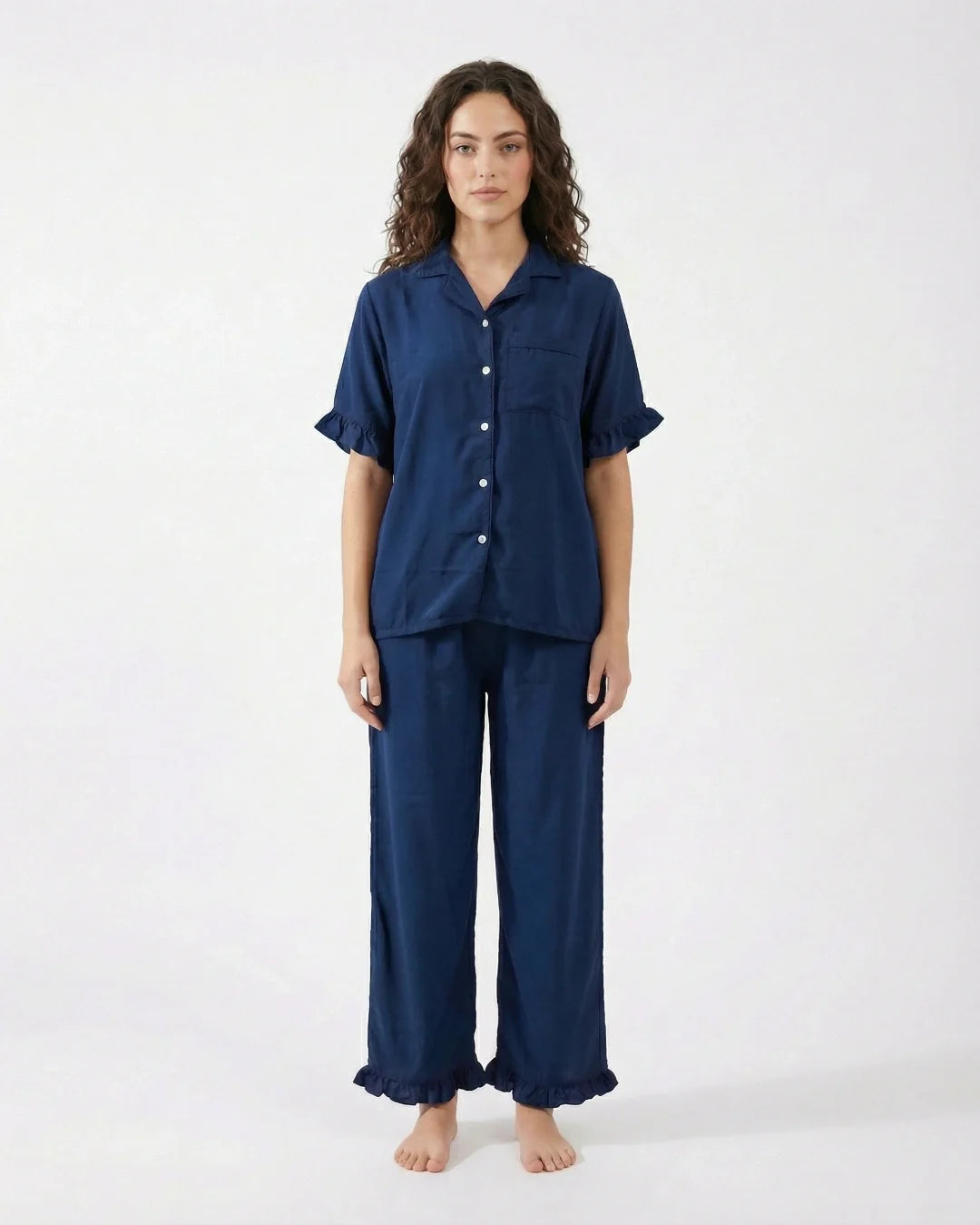 Sajiero Half Sleeves PJ Set Linen Comfort Dark Blue