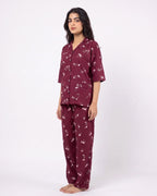 Sajiero Linen Oversized PJ Set Floral Breeze Maroon