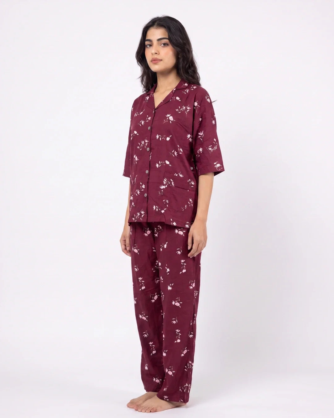 Sajiero Linen Oversized PJ Set Floral Breeze Maroon