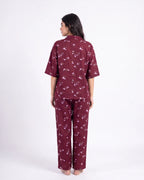Sajiero Linen Oversized PJ Set Floral Breeze Maroon