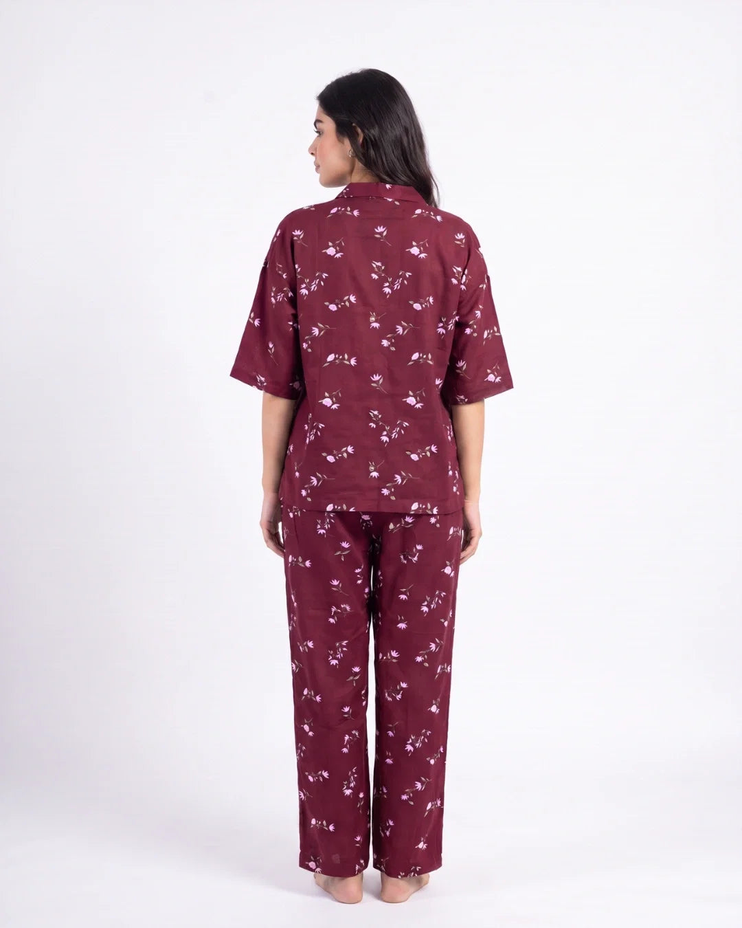 Sajiero Linen Oversized PJ Set Floral Breeze Maroon