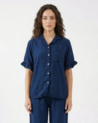 Sajiero Half Sleeves PJ Set Linen Comfort Dark Blue