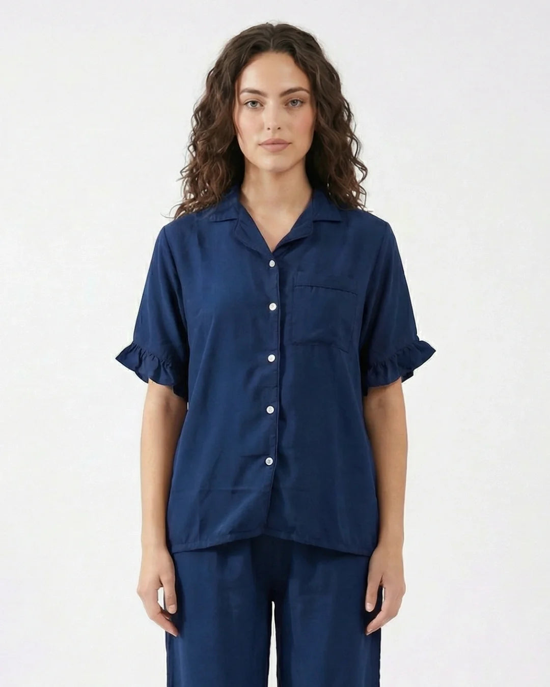 Sajiero Half Sleeves PJ Set Linen Comfort Dark Blue