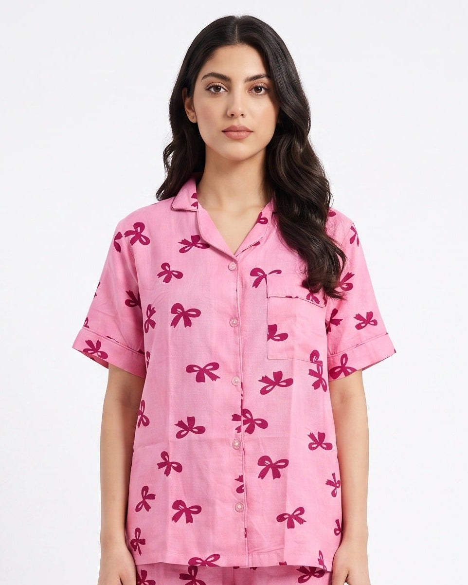 Sajiero Linen Pajama Suit Bow Blush
