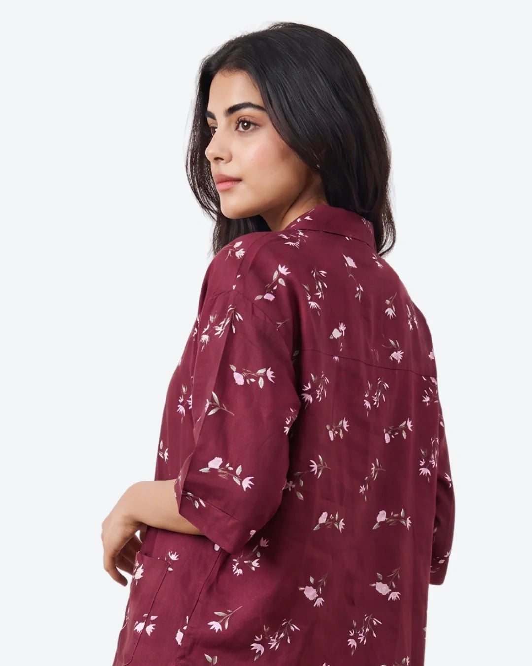 Sajiero Linen Oversized PJ Set Floral Breeze Maroon
