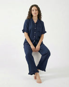 Sajiero Half Sleeves PJ Set Linen Comfort Dark Blue