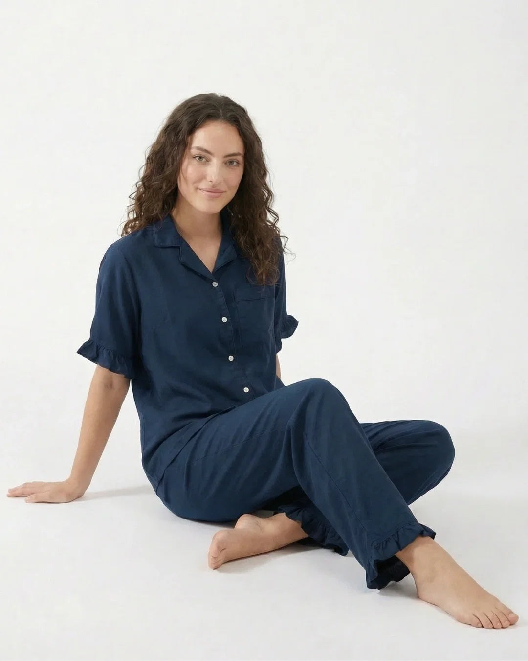 Sajiero Half Sleeves PJ Set Linen Comfort Dark Blue