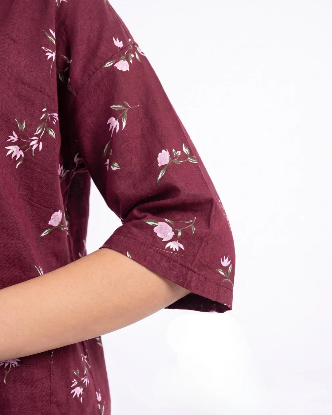 Sajiero Linen Oversized PJ Set Floral Breeze Maroon