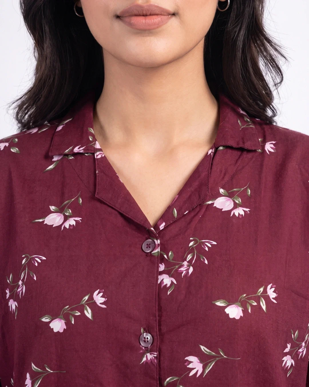 Sajiero Linen Oversized PJ Set Floral Breeze Maroon
