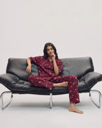 Sajiero Linen Oversized PJ Set Floral Breeze Maroon