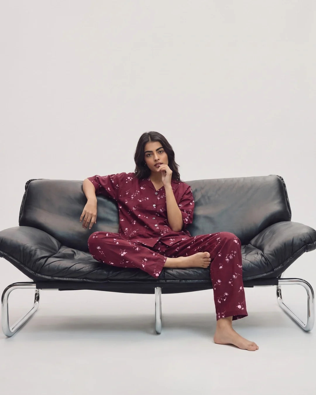Sajiero Linen Oversized PJ Set Floral Breeze Maroon