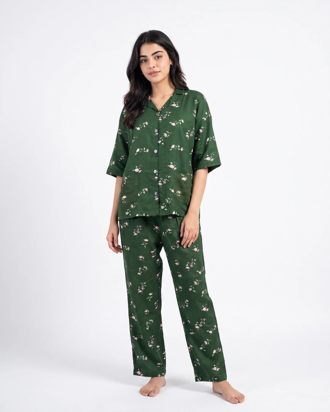 Sajiero Linen Oversized PJ Set Floral Breeze Green