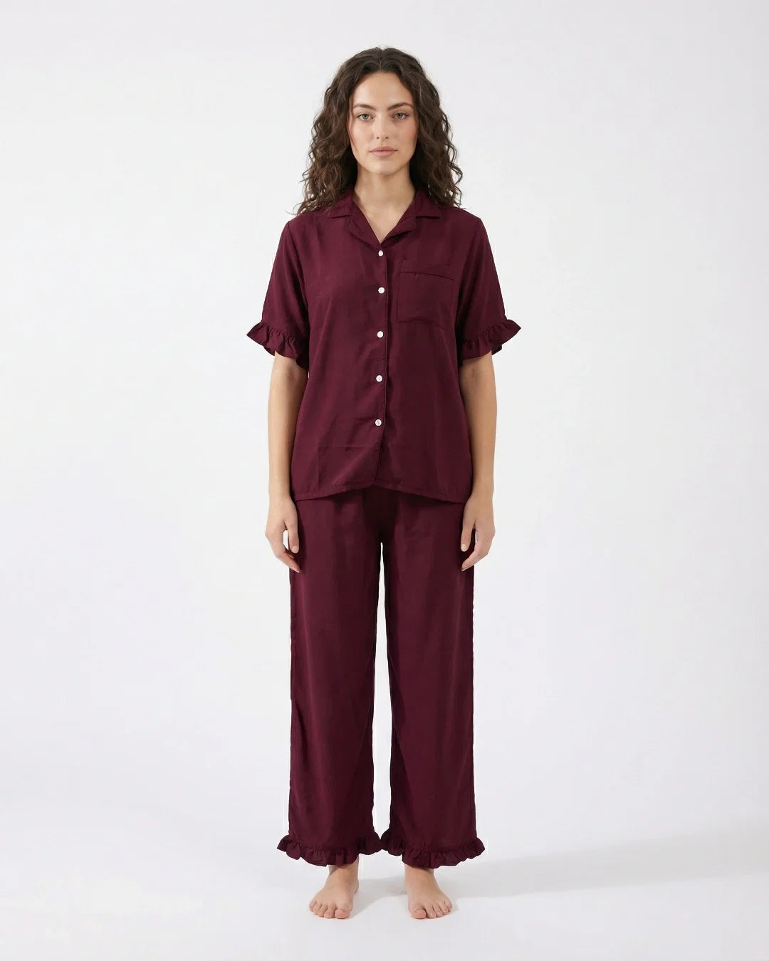 Sajiero Half Sleeves PJ Set Linen Comfort Maroon