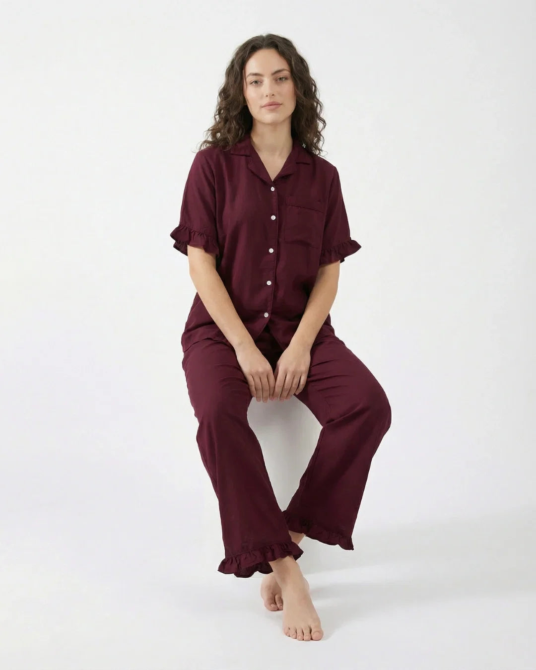 Sajiero Half Sleeves PJ Set Linen Comfort Maroon