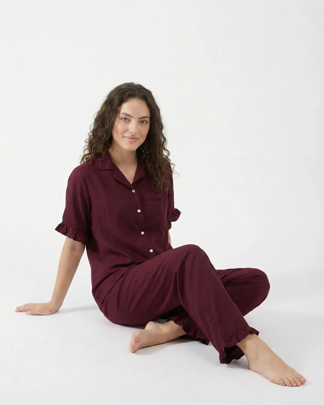 Sajiero Half Sleeves PJ Set Linen Comfort Maroon