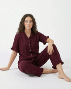 Sajiero Half Sleeves PJ Set Linen Comfort Maroon