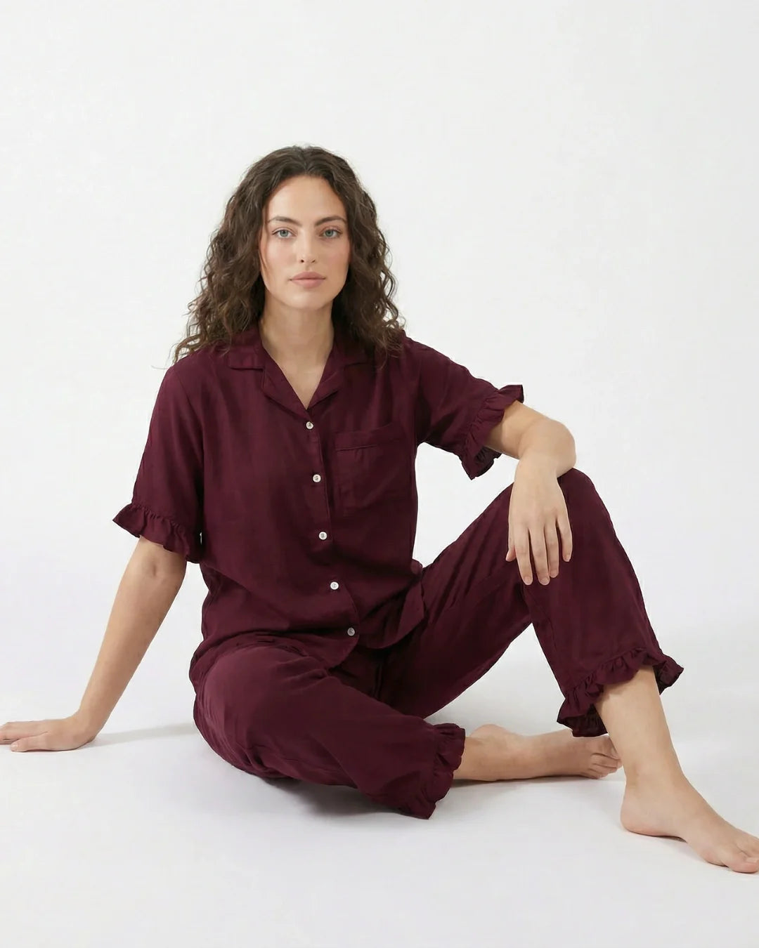 Sajiero Half Sleeves PJ Set Linen Comfort Maroon