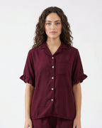 Sajiero Half Sleeves PJ Set Linen Comfort Maroon