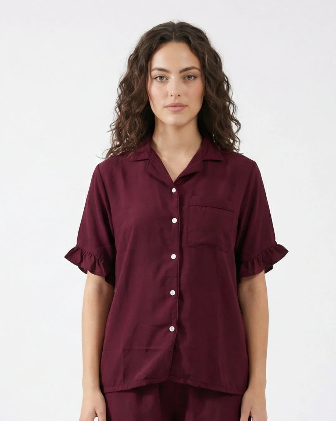 Sajiero Half Sleeves PJ Set Linen Comfort Maroon