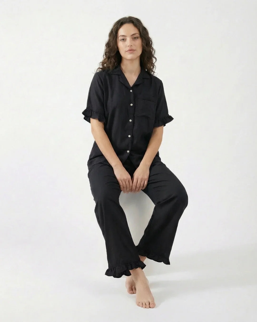 Sajiero Half Sleeves PJ Set Linen Comfort Black