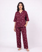 Sajiero Linen Oversized PJ Set Floral Breeze Maroon