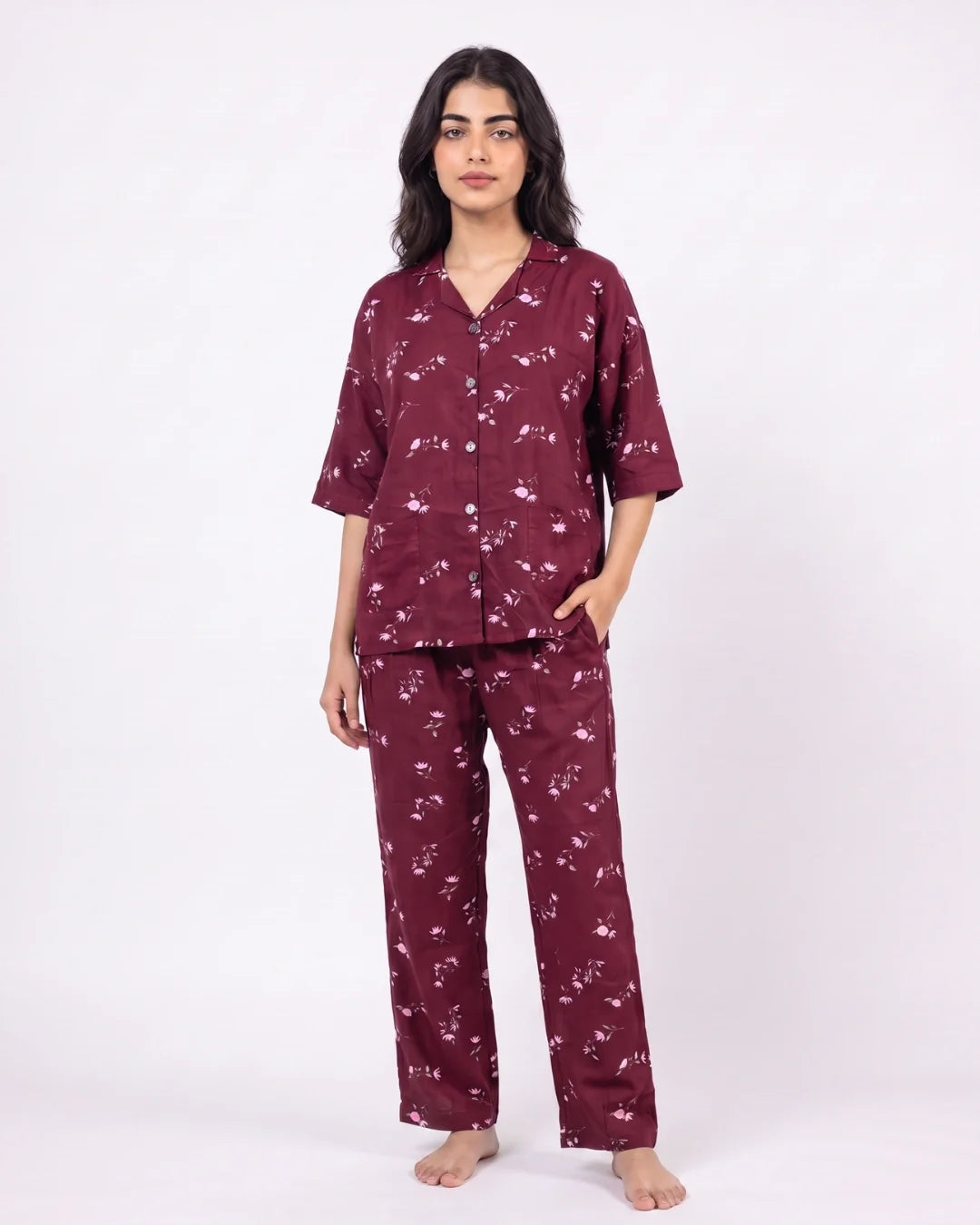 Sajiero Linen Oversized PJ Set Floral Breeze Maroon