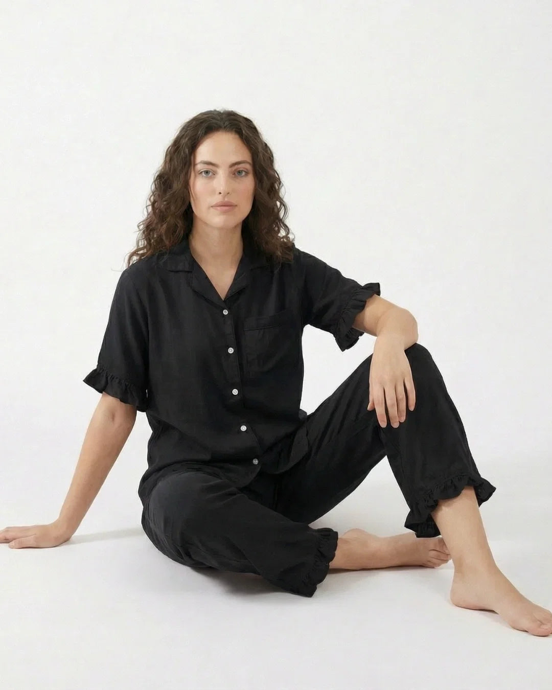Sajiero Half Sleeves PJ Set Linen Comfort Black