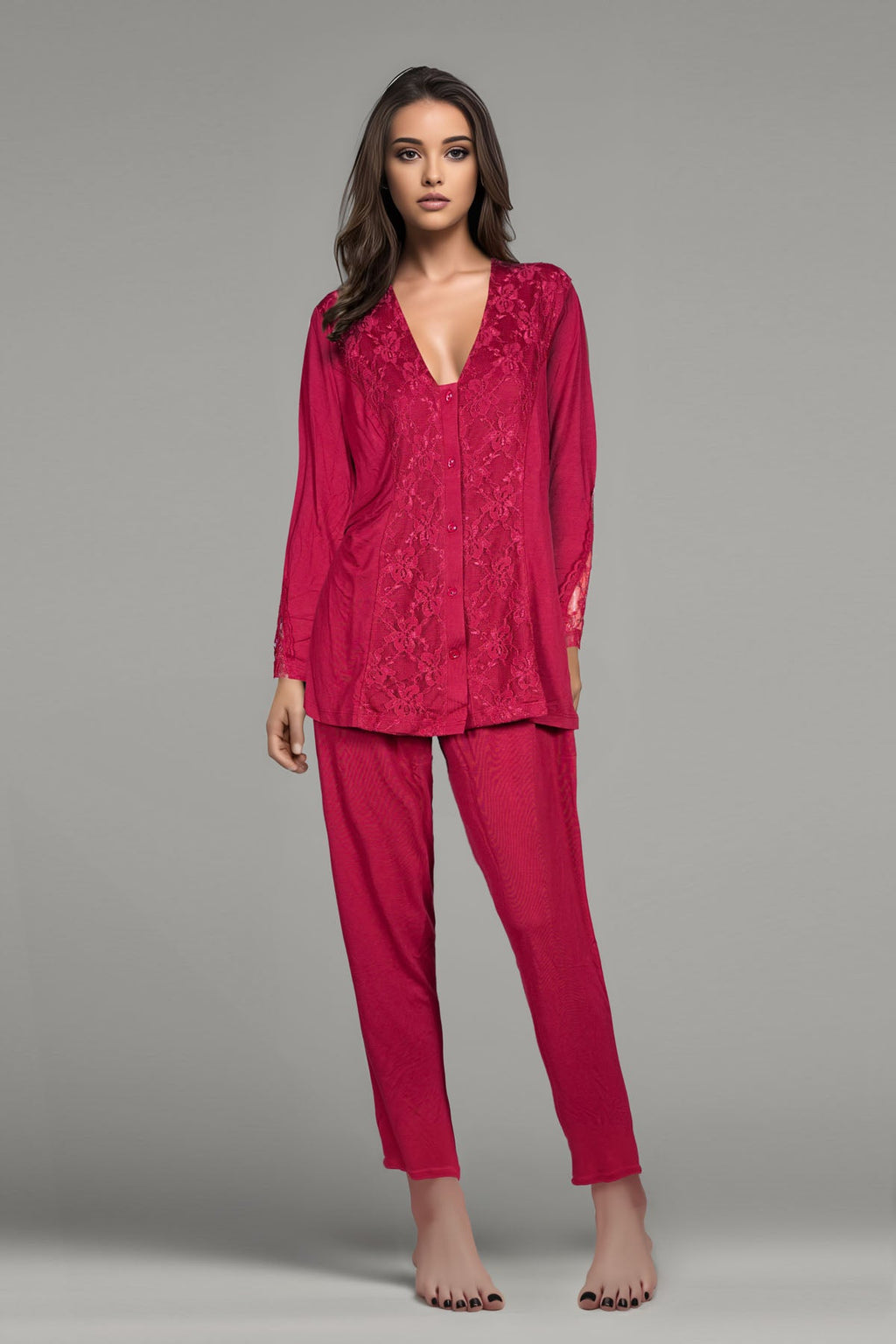 BLS Bluma Lace And Viscose Pajama Set Burgundy
