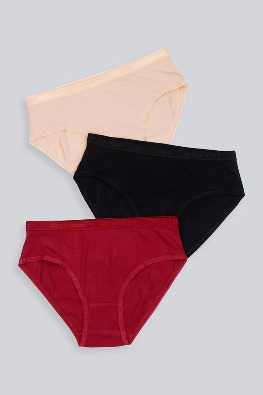 BLS Pamela Cotton Panty Skin, Burgundy, & Black Pack Of 3