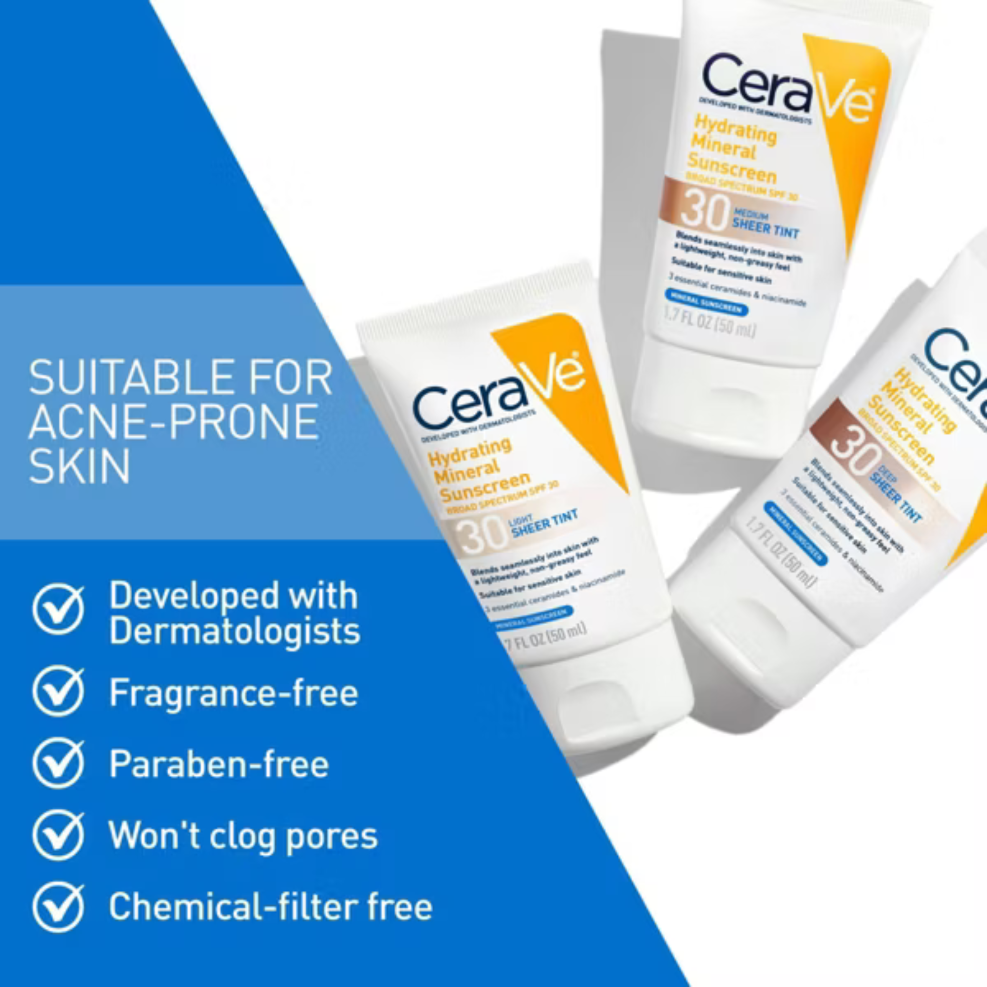 CeraVe Hydrating Mineral Sunscreen SPF30 Face Sheer Tint 50ml