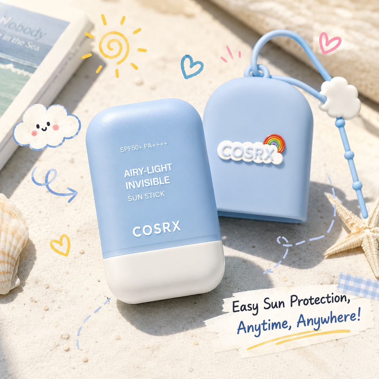 Two blue sun stick containers with COSRX branding on a sandy background.