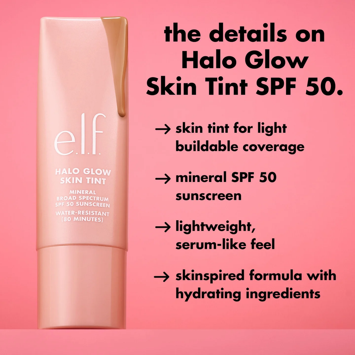ELF Halo Glow Skin Tint Light Coverage Dewy Finish Foundation Mineral SPF 50 30ml