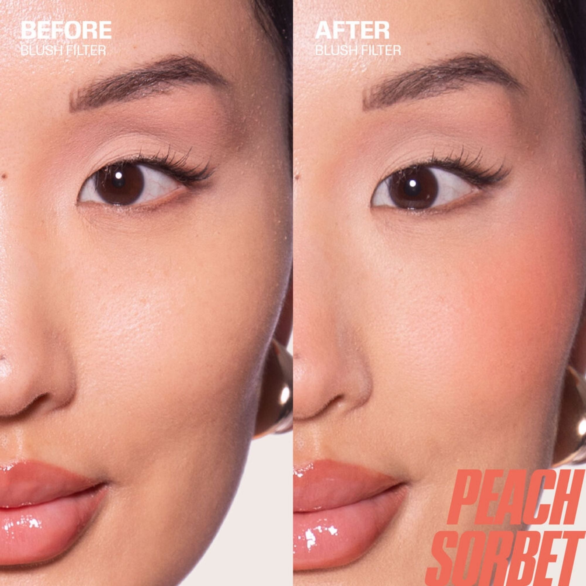 Huda Beauty Blush Filter Liquid Blush Peach Sorbet 2ml before and after