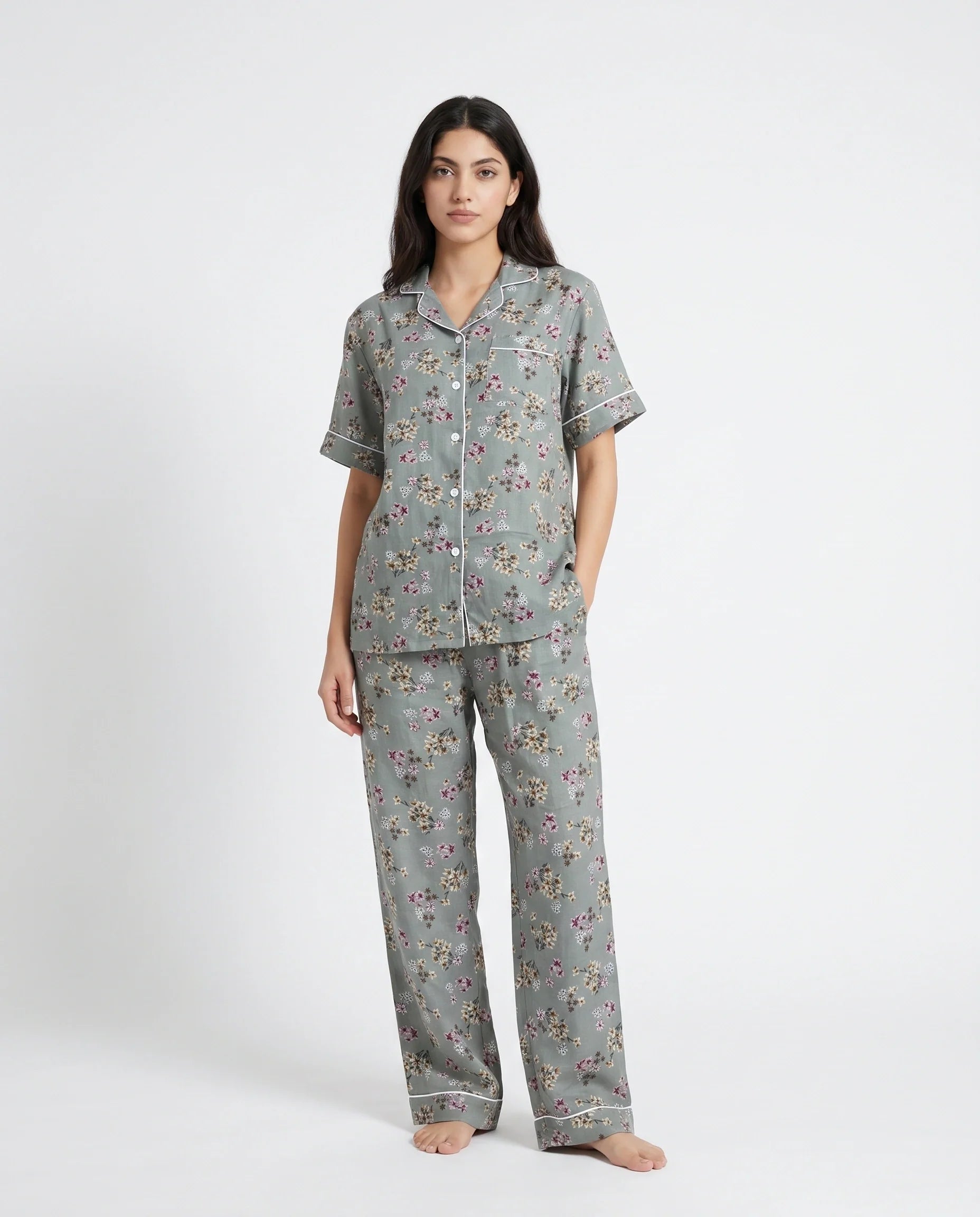 Sajiero Linen Pajama Suit Misty Floral