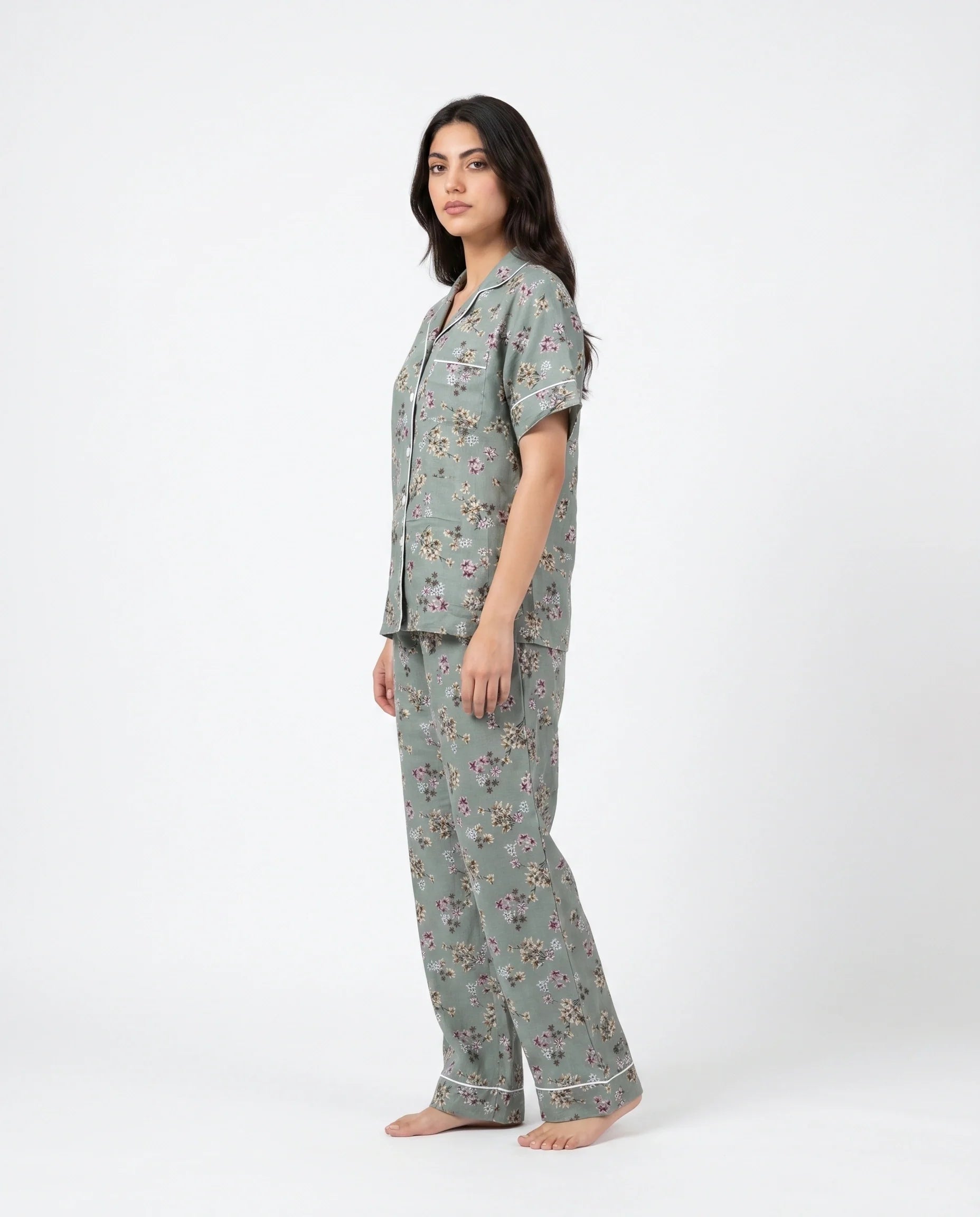 Sajiero Linen Pajama Suit Misty Floral