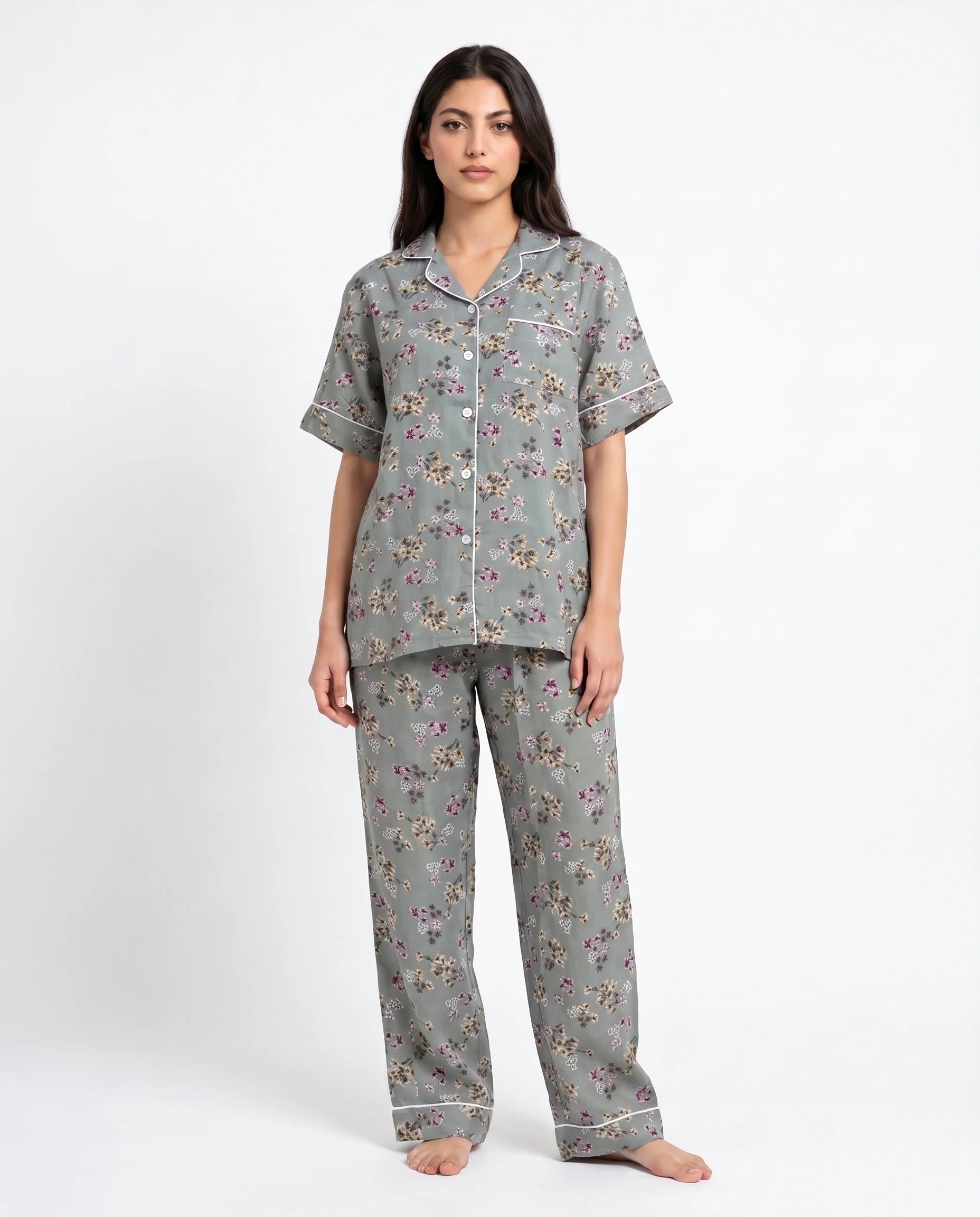 Sajiero Linen Pajama Suit Misty Floral