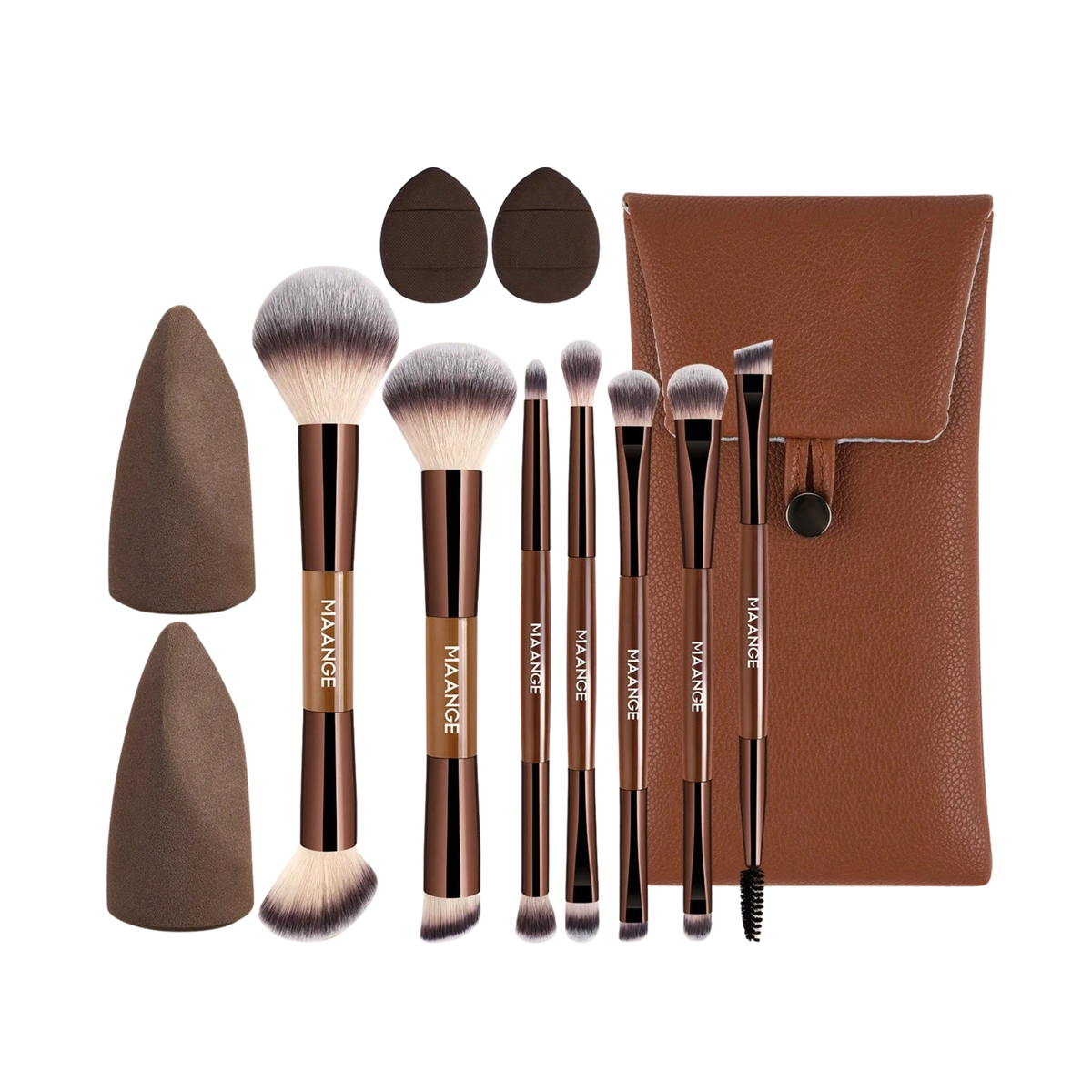 MAANGE Professional Dual Ended Makeup Tool Set With Bag Coffee Brown