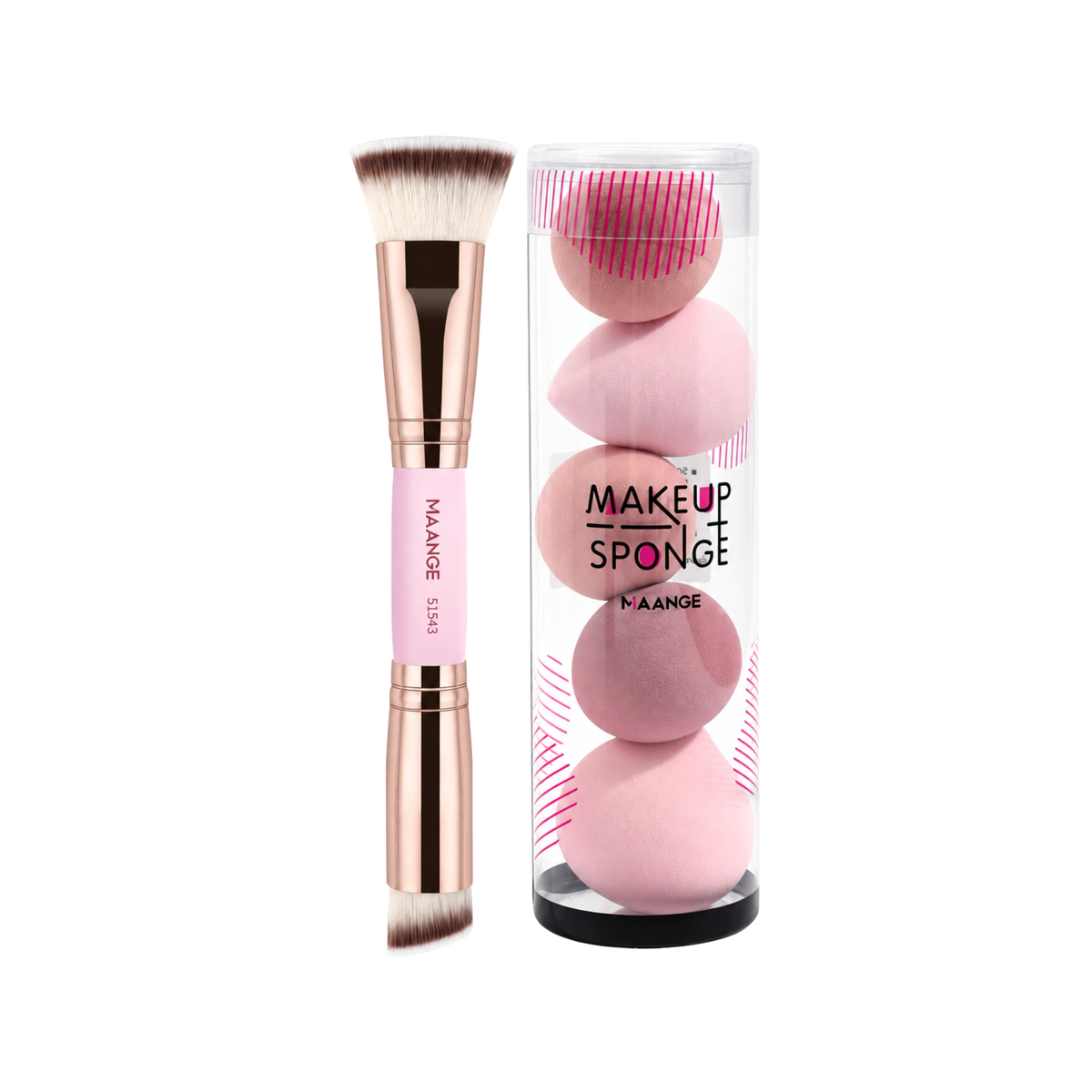 MAANGE Professional Makeup Sponge & Dual-Ended Brush Set Pink