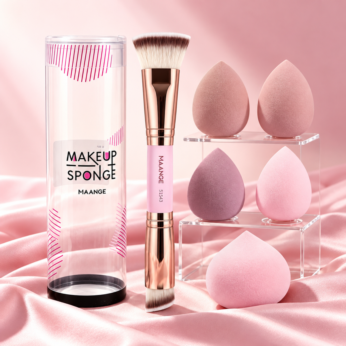 MAANGE Professional Makeup Sponge & Dual-Ended Brush Set Pink