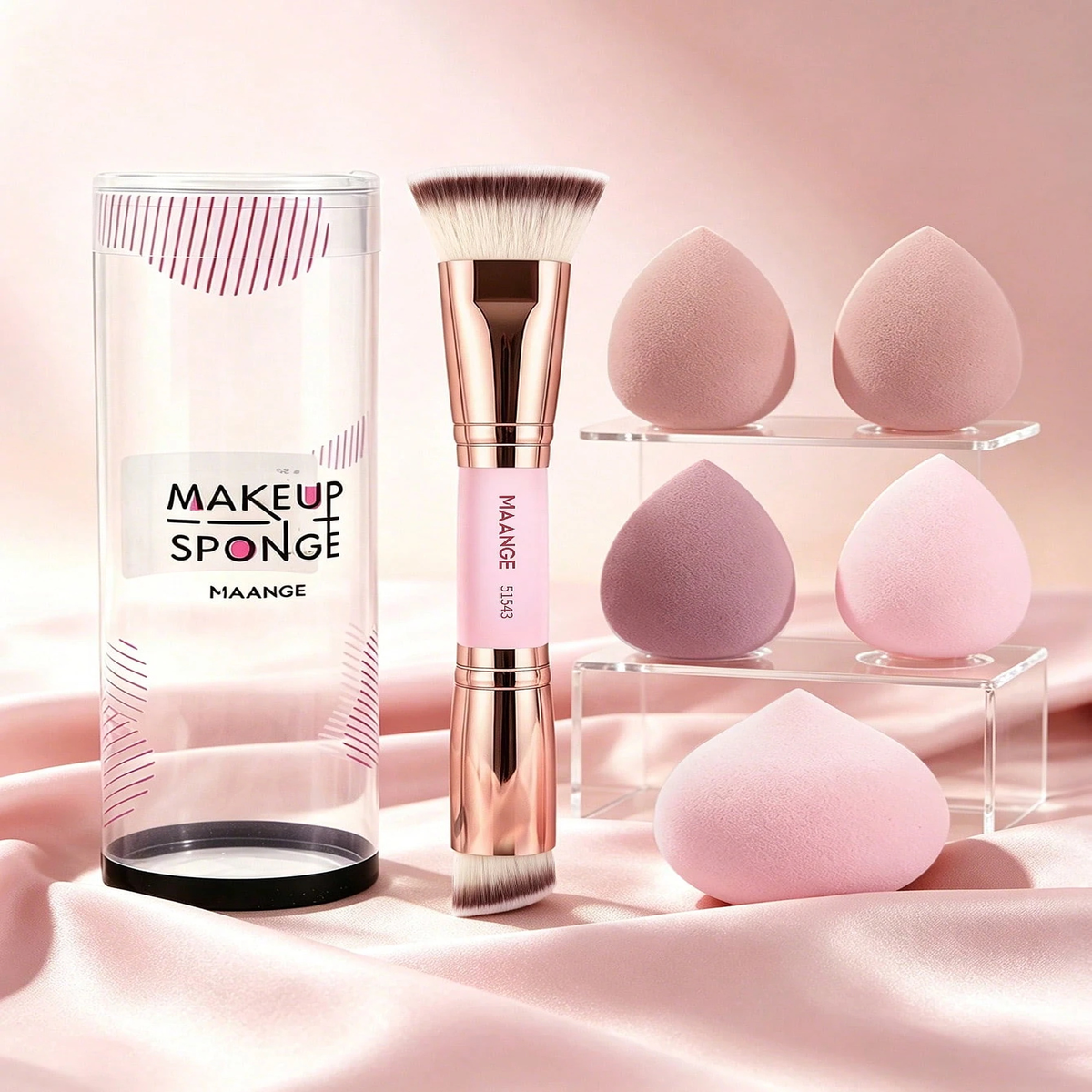 MAANGE Professional Makeup Sponge & Dual-Ended Brush Set Pink