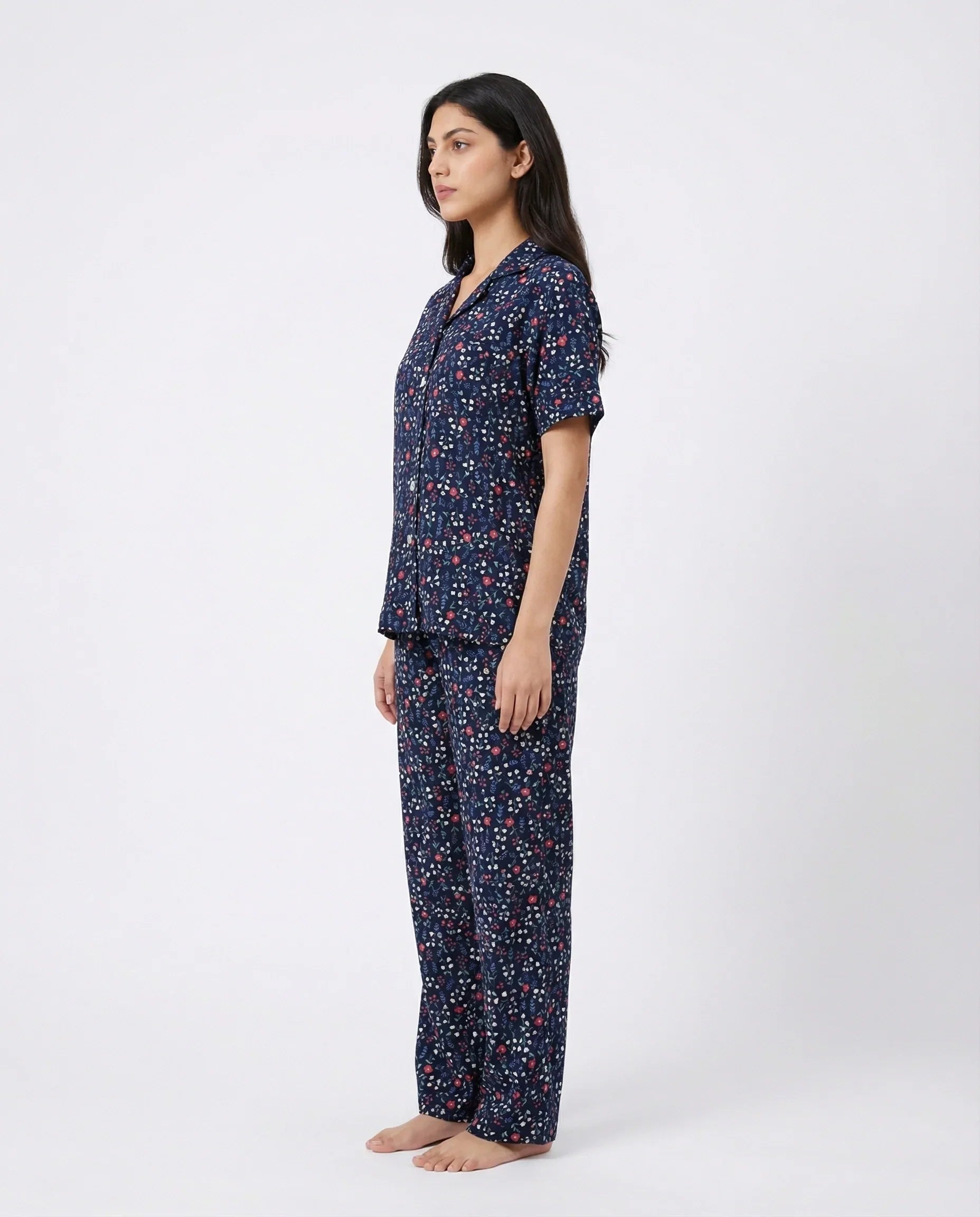Sajiero Linen Pajama Suit Midnight Flora Blue